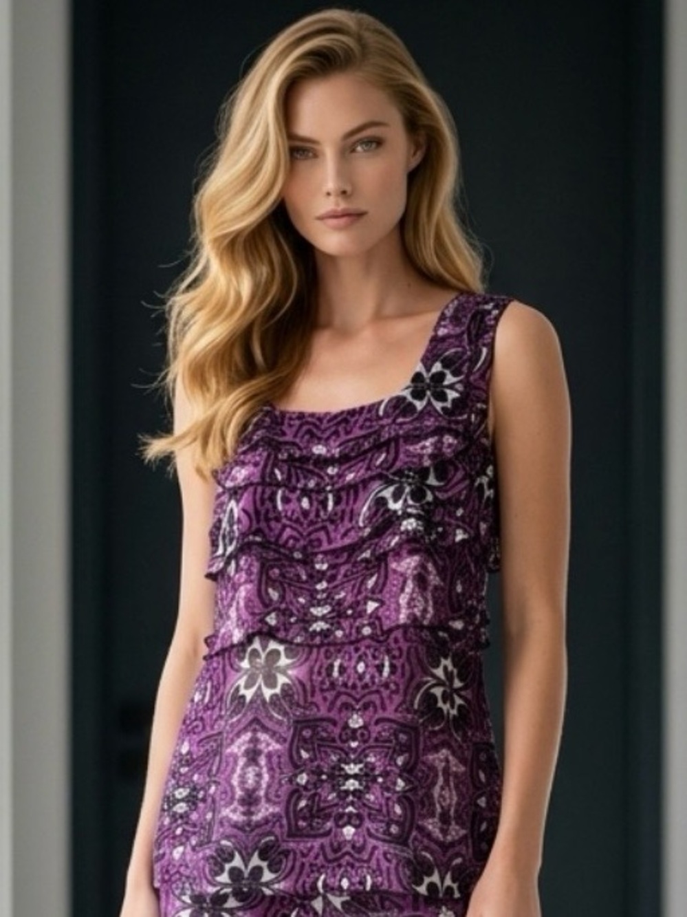 2 for $30 | Y2K Purple Printed Ruffle Tank Top